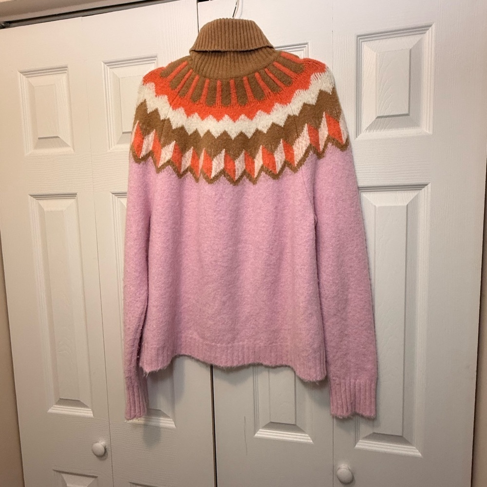 J.Crew Colorblock Fair Isle Turtleneck Sweater Pink Orange Brown Size XL - Picture 6 of 7